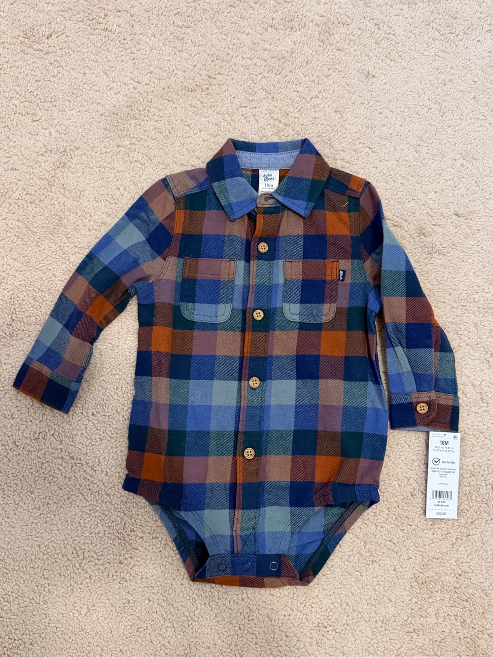 NWT - 18M - OshKosh B'gosh brown and blue plaid bodysuit